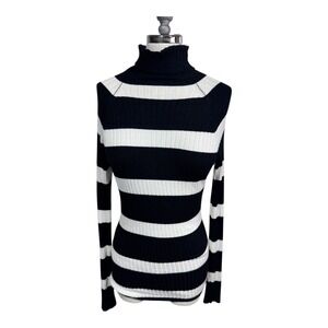 INC International Concepts Black White Striped Ribbed Turtleneck Sweater Women M